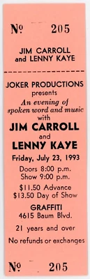 Jim Carroll Lenny Kaye Concert Ticket Graffiti Showcase Pittsburgh, PA 1993 - Image 1 of 2