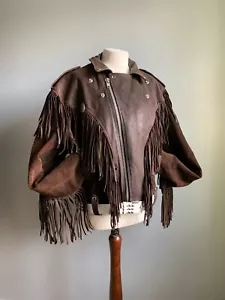 VINTAGE COWBOY LEATHER FRINGE JACKET 42 44 hells angel heavy rock biker ASHY men - Picture 1 of 24