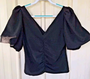 Free People Cropped Top XL schwarz Puffärmel V-Ausschnitt vorne/hinten gerafft vorne - Bild 1 von 12