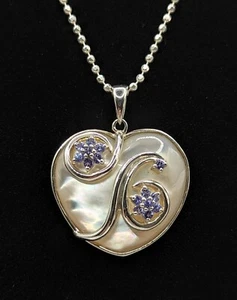 Beautiful New 925 Sterling Silver Pearl Shell Heart & Tanzanite Gem Necklace - Picture 1 of 9
