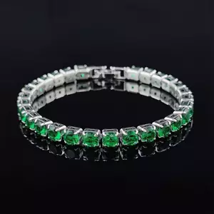 Tennis bracelet silver 4mm round simulated green emeralds 7.5'' long - Picture 1 of 3