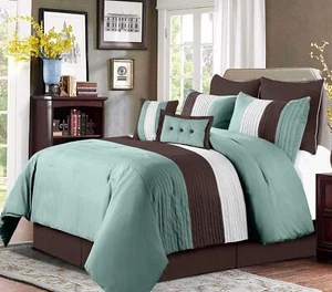Chezmoi Collection Loft 8-Piece Luxury Striped Comforter Set (Queen, Blue/Bei... - Picture 1 of 9