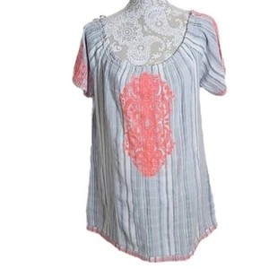 Blue Island Embroidered Mini Dress Short Sleeve Blue Striped Women's XL - Picture 1 of 5