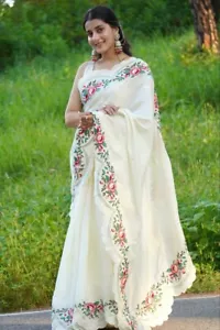 Sari donna indiana sari formale bianco perla morbida georgette seta ricamo fiori - Foto 1 di 8