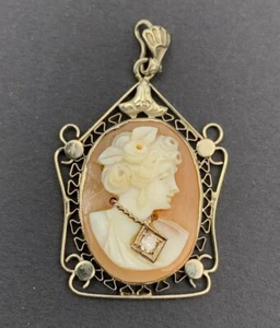 ANTIKER ART DECO ANHÄNGER 14K WEISSGOLD FILIGRAN DIAMANT MUSCHEL KAMEE - Bild 1 von 5