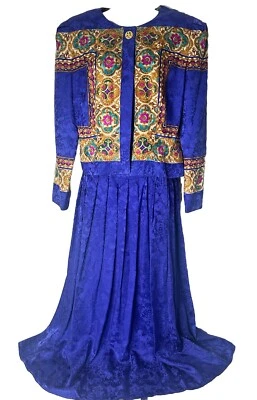 De Colección Maggie London Seda Tonos Joya Bufanda Estampado Plisado Midi Falda Chaqueta Traje 14 Foto 1 de 4