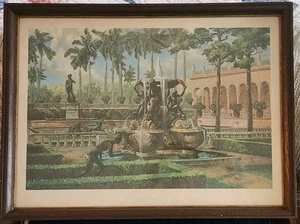 Framed RINGLING ART MUSEUM Turtle Fountain Watercolor Painting Print 20" x 14" - Picture 1 of 13