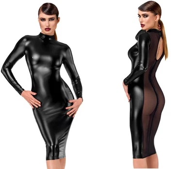 NOIR HANDMADE KINK WETLOOK NETZ KLEID STEHKRAGEN MIDI gothic clubwear schwarz - Bild 1 von 4