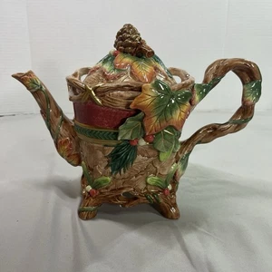 Fitz and Floyd Classics Christmas Lodge Teapot Pinecones Holly Leaves Retired - Picture 1 of 10