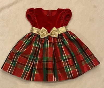 Bonnie Baby Formal Holiday Red Plaid Red Velvet Christmas Dress 18 Months Bow - Image 1 of 4