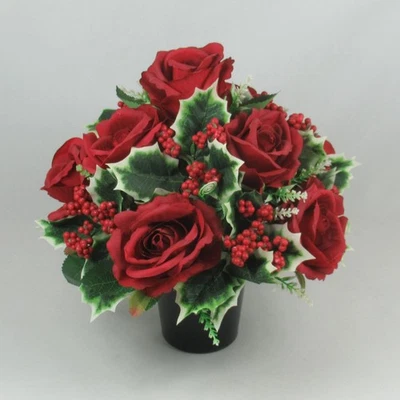 JUST BECAUSE FLOWERS Christmas grave flower arrangement 27cm with faux red roses, holly and berries