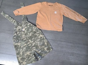 2/3T TODDLER BROWN CARHARTT LS SHIRT GREEN CAMO BIB SHORTALL SET OVERALLS - Picture 1 of 23