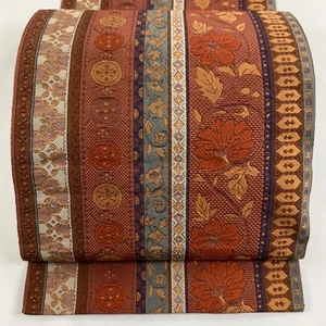 Nagoya obi 8-sun floral striped red-brown silk vintage used - Picture 1 of 5
