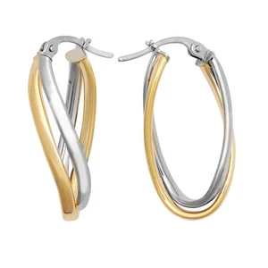 9ct 2-Colour Gold Jewelco London Wavy Double Oval Hoop Creole Earrings - Picture 1 of 3