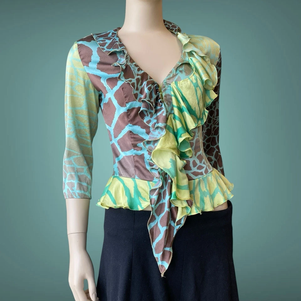 Blusa colorida con estampado de jirafa Roberto Just Cavalli Y2K de colección talla 44it M Foto 1 de 4