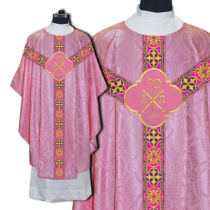 Rose Gothic Chasuble with Embroidered Motif and Ornate Braids - Picture 1 of 7