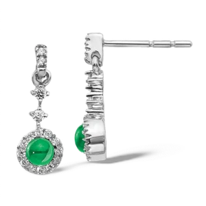 14K Solid White Gold Diamond Cabochon Emerald Dangle Earrings - Picture 1 of 11