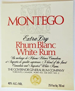 MONTEGO Extra Dry White RUM Paper LABEL Liquor Canada 710ml 4-3/4"  - Picture 1 of 1