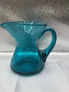 Vintage türkis blau Crackle Glas kleiner Krug Milchkännchen mundgeblasen elegant - Bild 1 von 6