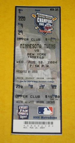 Minnesota Twins Ticket Stub | August 18 2004 | Johan Santana Win Torii Hunter H Cover