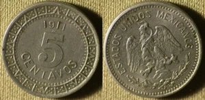 Mexico : 1911 5 Ct AU-UNC Narrow Date Sm. Rim Ding #421 IR3856 - Picture 1 of 1
