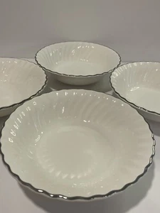 Cereal Soup Bowls 6.5” White Swirl Scallop Heavy Silver Trim Vintage pottery - Picture 1 of 11