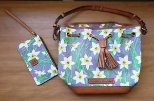 DOONEY & BOURKE PURPLE WITH WHITE DAFFODIL BROWN LEATHER SHOULDER/DRAWSTRING BAG - Picture 1 of 6