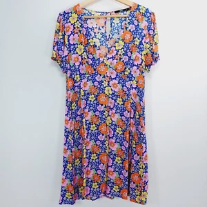 Sportsgirl Short Sleeve Dress Womens 12 Blue Red Floral Flowers Vibrant V-Neck - Picture 1 of 13
