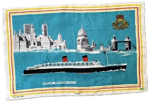 MWT Vtg. Pure Irish Linen Tea Towel Tapestry Queen Elizabeth Cunard Line ULSTER - Picture 1 of 10