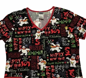 Frosty The Snowman Womens Size XS Black Christmas Scrub Top Medical Uniform - Picture 1 of 4