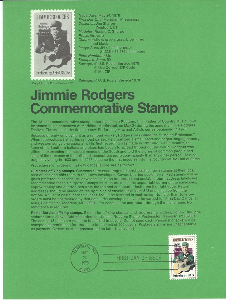 Scott #1755...13 Cent...Jimmie Rodgers...First Day Of Issue (1978) - Image 1 of 1