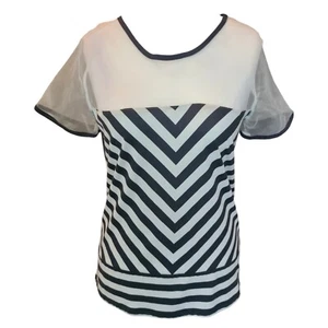 Sisley Black & Off White Stripe Mesh Jersey Blend T-shirt Womens Size M - Picture 1 of 5