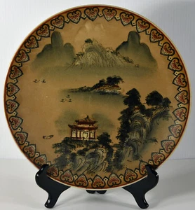 12" Asian Bombay Company Hand Painted Porcelain Plate Pagoda Landscape Asian - Picture 1 of 8