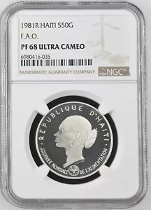 Haiti 1981 F.A.O Indigenous Girl 50 Gourde Silver Coin,Proof - NGC PF 68 UC - Picture 1 of 2