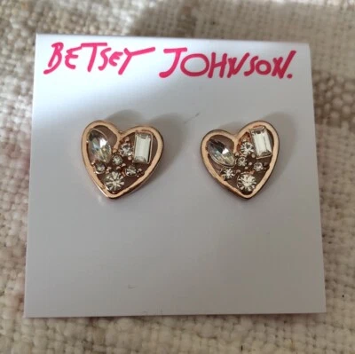 Betsey Johnson Rose Gold Tone Open Frame Heart Stud Earrings Crystal NWT - Image 1 of 4