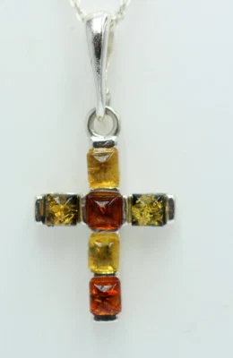 Collana A Croce In Ambra 925 Argento Sterling Top - Immagine 1 di 4