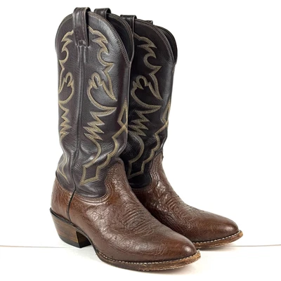 Botas masculinas vintage Larry Mahan 7 XE couro marrom pena caubói ocidental feitas nos EUA - Imagem 1 de 4