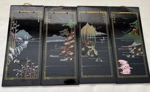 4 Chinese Black Lacquer Wall Panels 12" H X 5” Seasons Water Mountains Nature - Picture 1 of 11