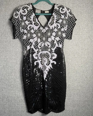 Vintage 80s Stenay Cocktail Dress Beaded Sequin Silk Black White SMALL/MEDIUM - Image 1 of 4