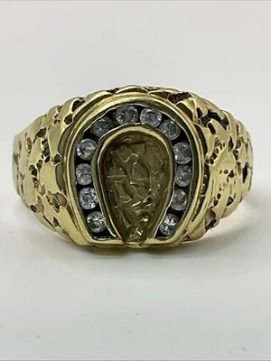 DE COLECCIÓN HECHO A MANO Sólido 14K Y. Anillo de sello de hombre estilo pepita de caballo circonita cúbica dorada Foto 1 de 4
