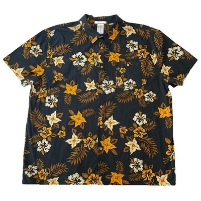 Disney Parks Hawaiian Shirt Mens 2XL XXL Black Orange Hibiscus Floral Cotton - Image 1 of 4