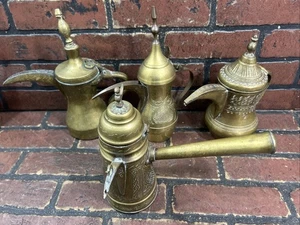 Antique Middle East Coffee Pot Dallah Brass Silver Inlaid Bronze Islamic Lot - Picture 1 of 18