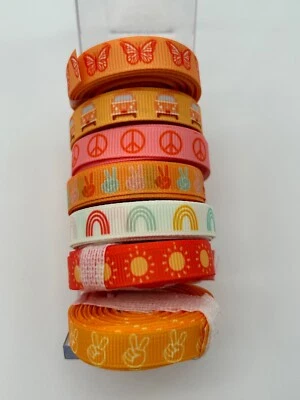 Grosgrain Ribbon 7/8"  Lot of 7 Happy Peace Summer themes - Image 1 of 3
