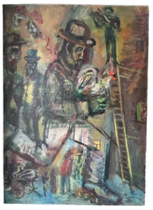 MARC CHAGALL ( circle ) - LARGE OIL ON CANVAS SIGNED - LANDSCAPE FIGURES CHICKEN - Picture 1 of 18