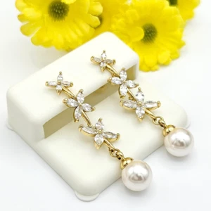 14K Gold Plated Jewelry. Crystal Flower Long Drop Earrings. Oro Laminado - Picture 1 of 7