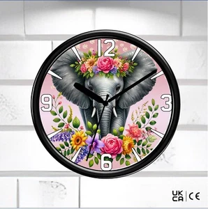Elephant Wall Clock Floral design Pink Unique Clock Office Kitchen Bedroom Gift - Picture 1 of 11