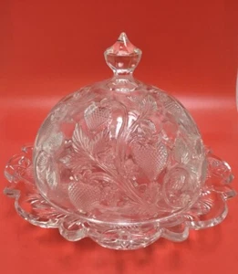 STRAWBERRY Clear Round BUTTER DISH GLASS Dome Lid Cambridge NEAR CUT - Picture 1 of 14