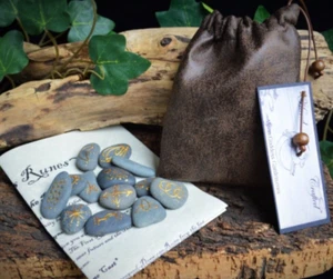  13 Witches River Stone Runes and Bag Witch Wicca Pagan Divination Gift Yule - Picture 1 of 4