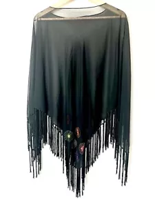 Poncho con flecos bordados transparentes OS negro floral - Imagen 1 de 4