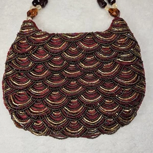 La Regale Abendtasche Perlen Jakobsmuschel Design Art Deco rot braun Doppelgriffe - Bild 1 von 10